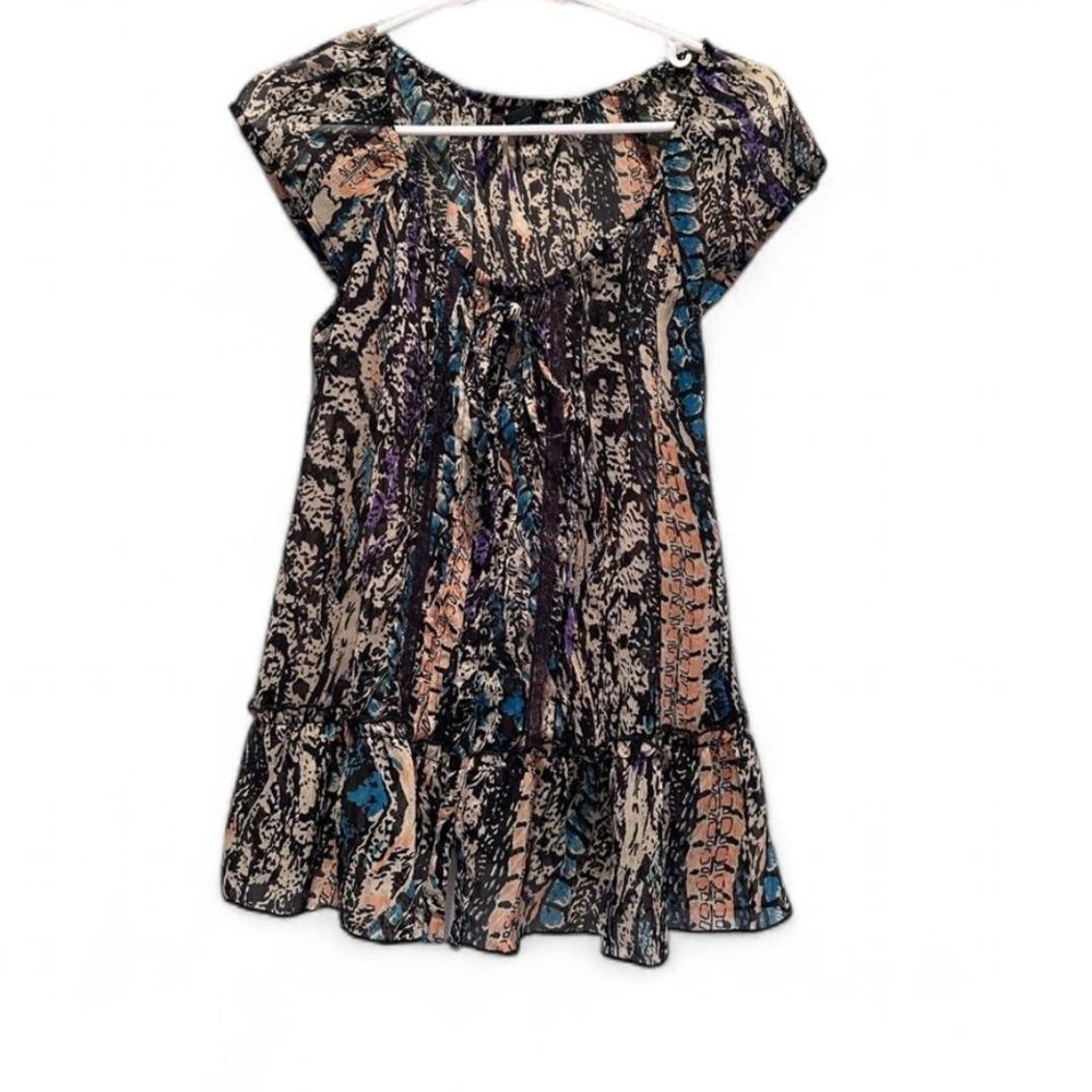 Fire LA Brown Black Blue Animal Print Ruffle Tie‎ Blouse Medium Y2K Festival